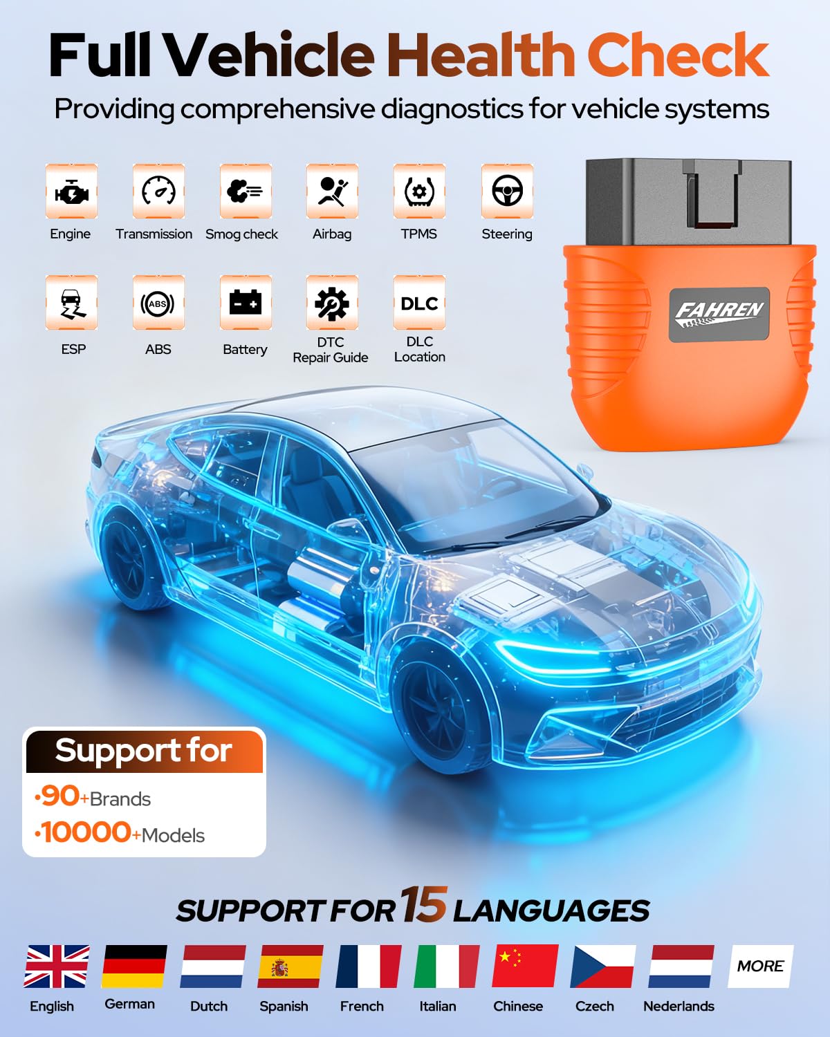 FAHREN OBD2 Scanner, Car Diagnostic Tool - Bluetooth Wireless OBD2 Code Reader for iOS Android, Supports Live Data, Full System Scan, Performance Test, 6 Essential Reset Services, 20+ Apps Compatible