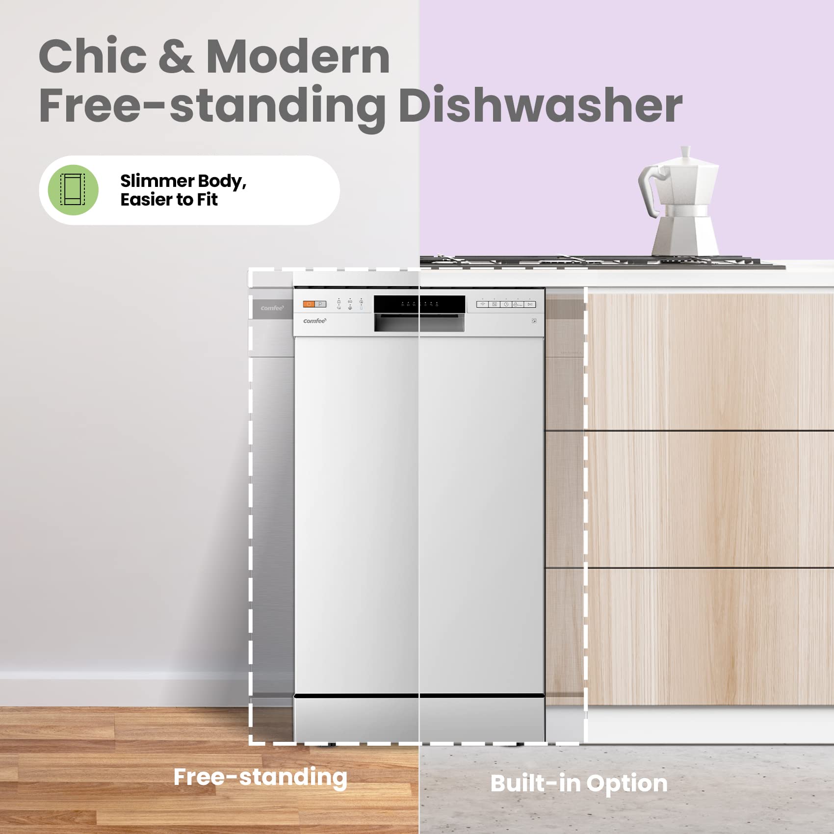 COMFEE' Freestanding Dishwasher CDWEF1034BW-UK 45cm Width, Slimline Dishwasher with 10 place settings, Quick Wash, Hygiene Wash, Delay Start, Half Load, Adjustable Basket - White