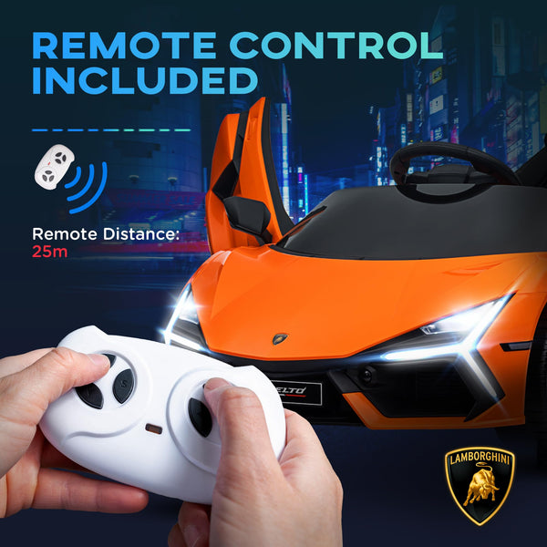 AIYAPLAY Lamborghini Revuelto Licensed Kid Electric Car, 12V Kids Electric Ride On with Butterfly Doors, Suspension, Remote Control, LED Lights, Horn, USB, MP3 for 3-5 Years, Orange