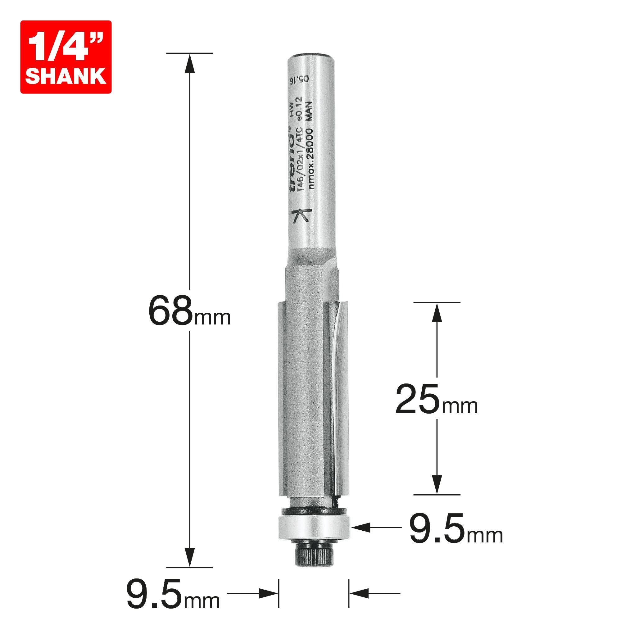 Trend Professional Guided Trimmer, 1/2 Inch Shank, 12.7mm Cut Diameter, 50mm Cut Length, Tungsten Carbide Tipped, 46/23X1/2TC