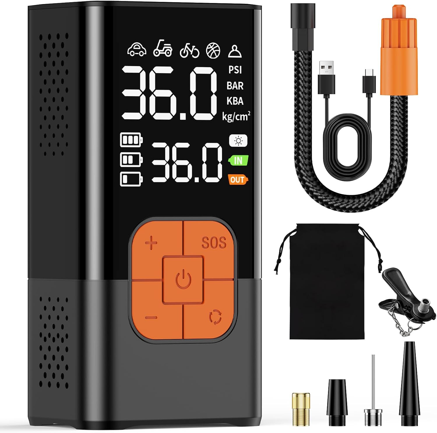 Tyre Inflator Portable Air Compressor, 5 Mode Cordless Tyre Inflator 150PSI 6000mAh Rechargeable Power Bank Auto Shut-Off Digital Display Electric Air Pump w LED Light for Bike, Ball, Car, Motorcycle