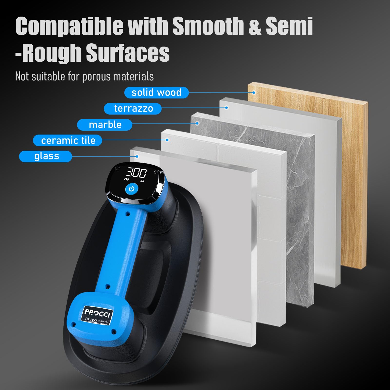 Procci Electric Battery Suction Cup – Cordless Vacuum Lifter for Tiles, Glass, Marble – Dual Motors, 300 KG Suction, LCD Display, 4500mAh Battery, 12h Runtime – for Smooth & Lightly Textured Surfaces