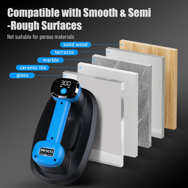 Procci Electric Battery Suction Cup – Cordless Vacuum Lifter for Tiles, Glass, Marble – Dual Motors, 300 KG Suction, LCD Display, 4500mAh Battery, 12h Runtime – for Smooth & Lightly Textured Surfaces