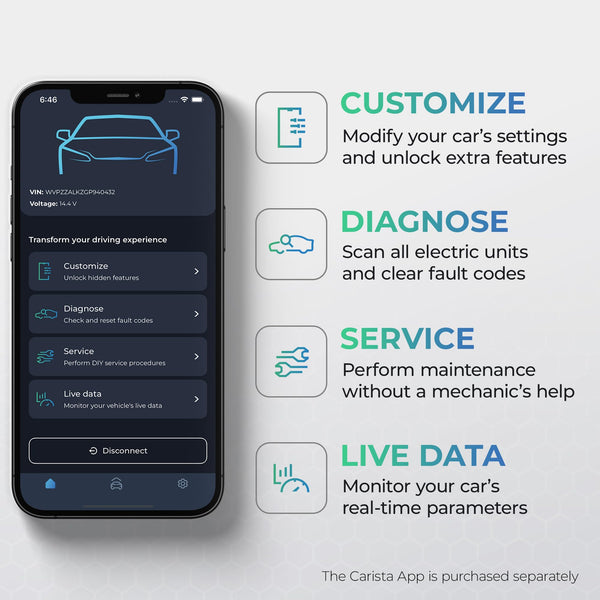 Carista EVO - Bluetooth OBD2 Scanner - Car Scanner Diagnostic Tool and Code Reader with Access to Diagnostics, Customizations, Service Tools, and Live Data