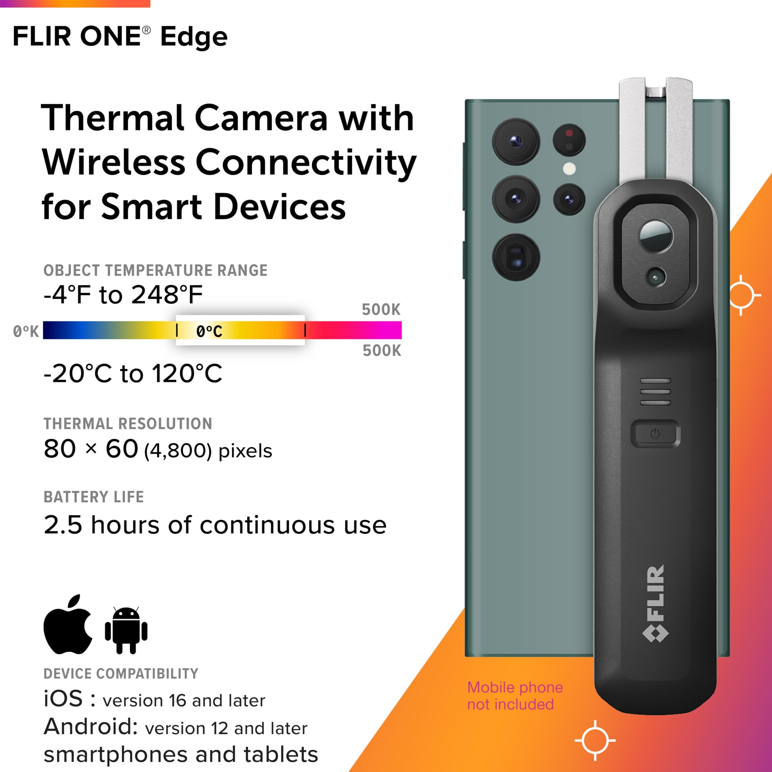 FLIR EDGE - Wireless Bluetooth Thermal Imaging Camera for Smartphones, Compatible with all iOS and Android devices: Use for home inspection, HVAC, automotive, machine industries and more