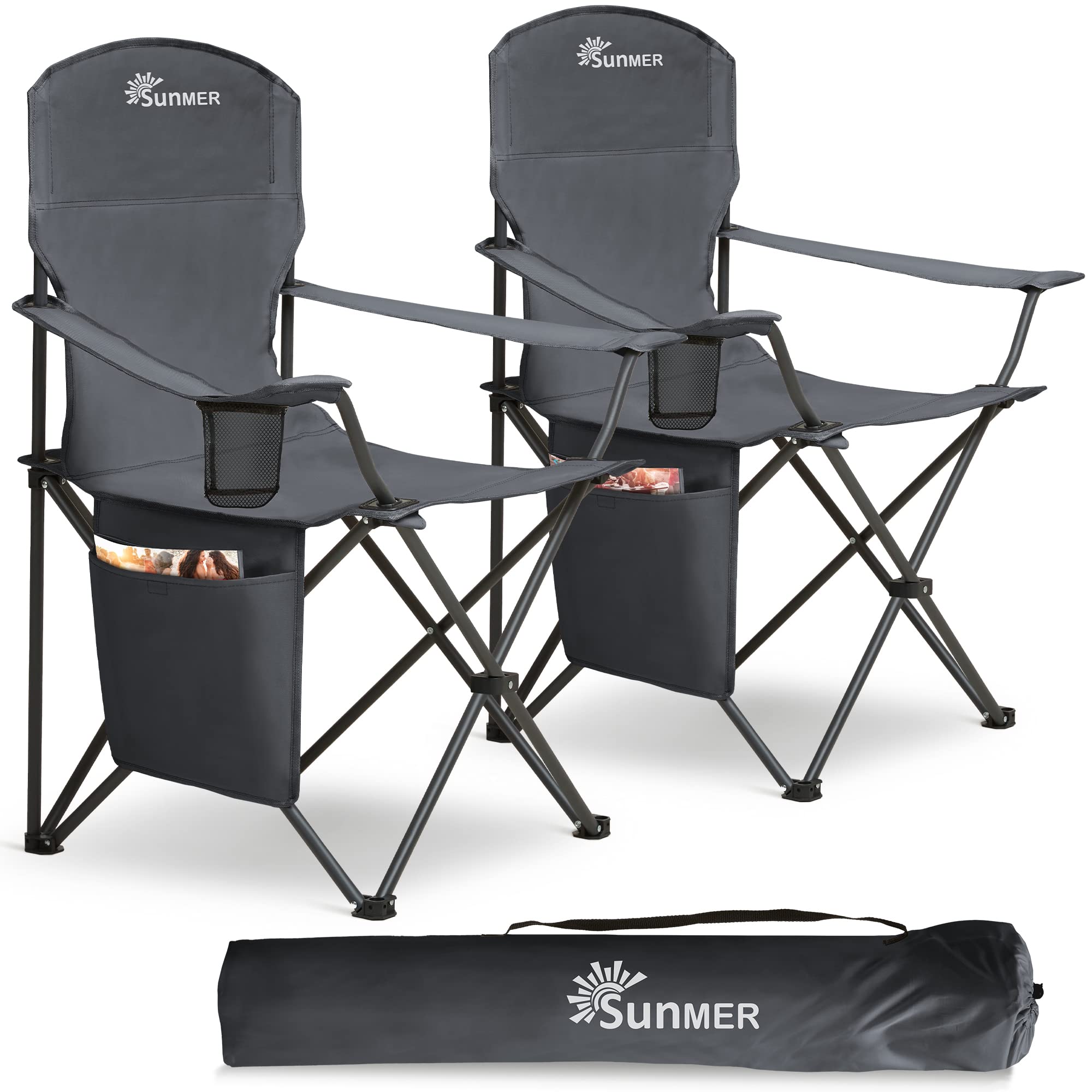 SUNMER Set of 2 Folding Camping Chairs, Extra-Wide Lightweight Outdoor Chairs with Armrests, Cup Holder and a Side Pocket, 120kg Capacity per Chair - Black