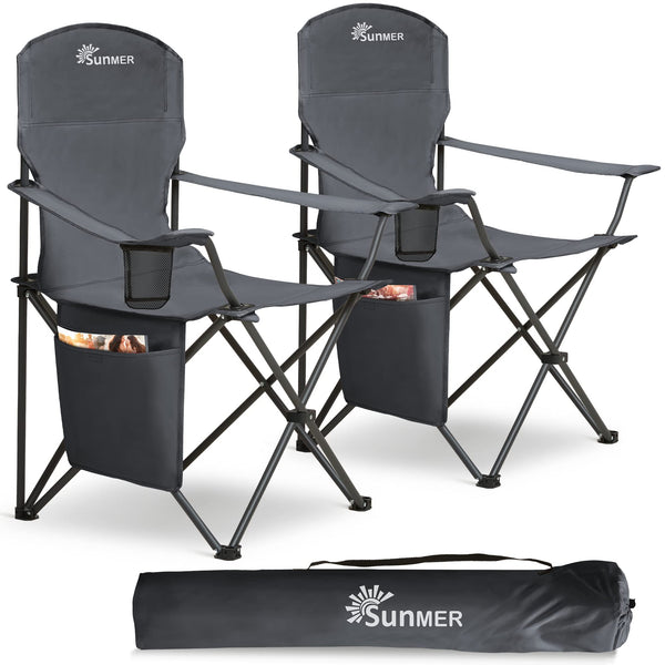 SUNMER Set of 2 Folding Camping Chairs, Extra-Wide Lightweight Outdoor Chairs with Armrests, Cup Holder and a Side Pocket, 120kg Capacity per Chair - Black
