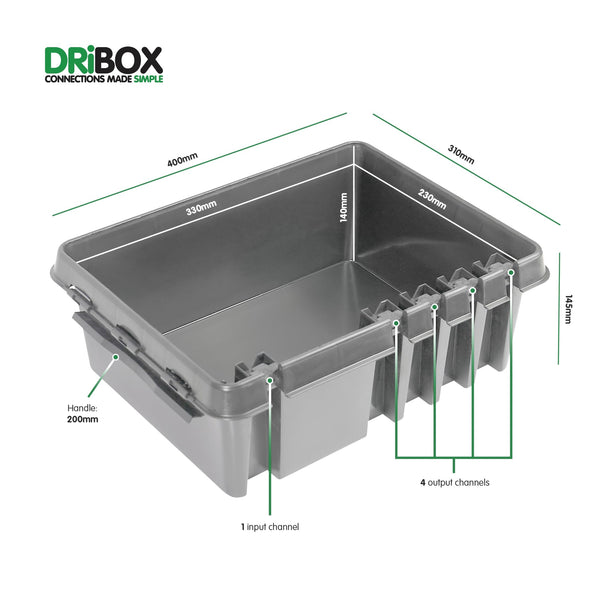 DRiBOX – Large IP55 Weatherproof Outdoor Electrical Connection Box 40 x 31 x 14.5cm – Power Cord Enclosure for Christmas Lights, Timers, Extension Cables, Leads, Reels, Transformers (Large, Black)