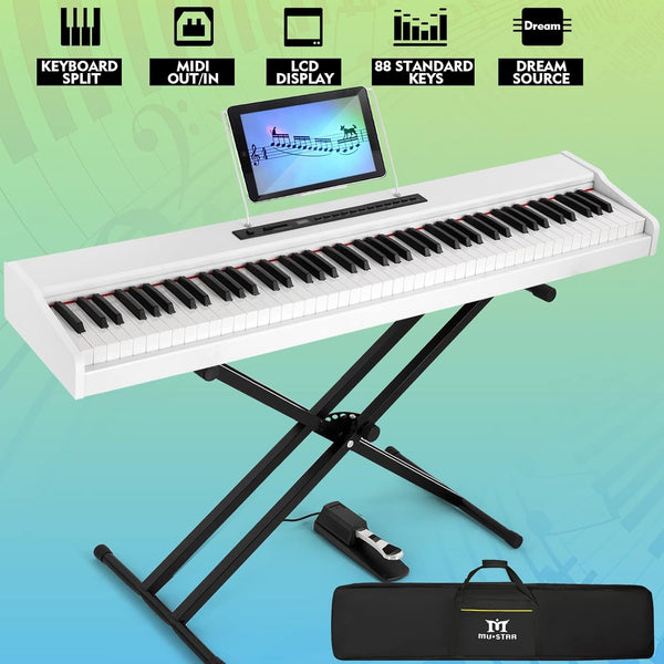 MUSTAR Digital Piano 88 Weighted Keys Hammer Action, Full Size 88 Key Piano Keyboard Weighted, Electric Keyboard Piano with Bluetooth Connection, Portable Case, Sustain Pedal, White