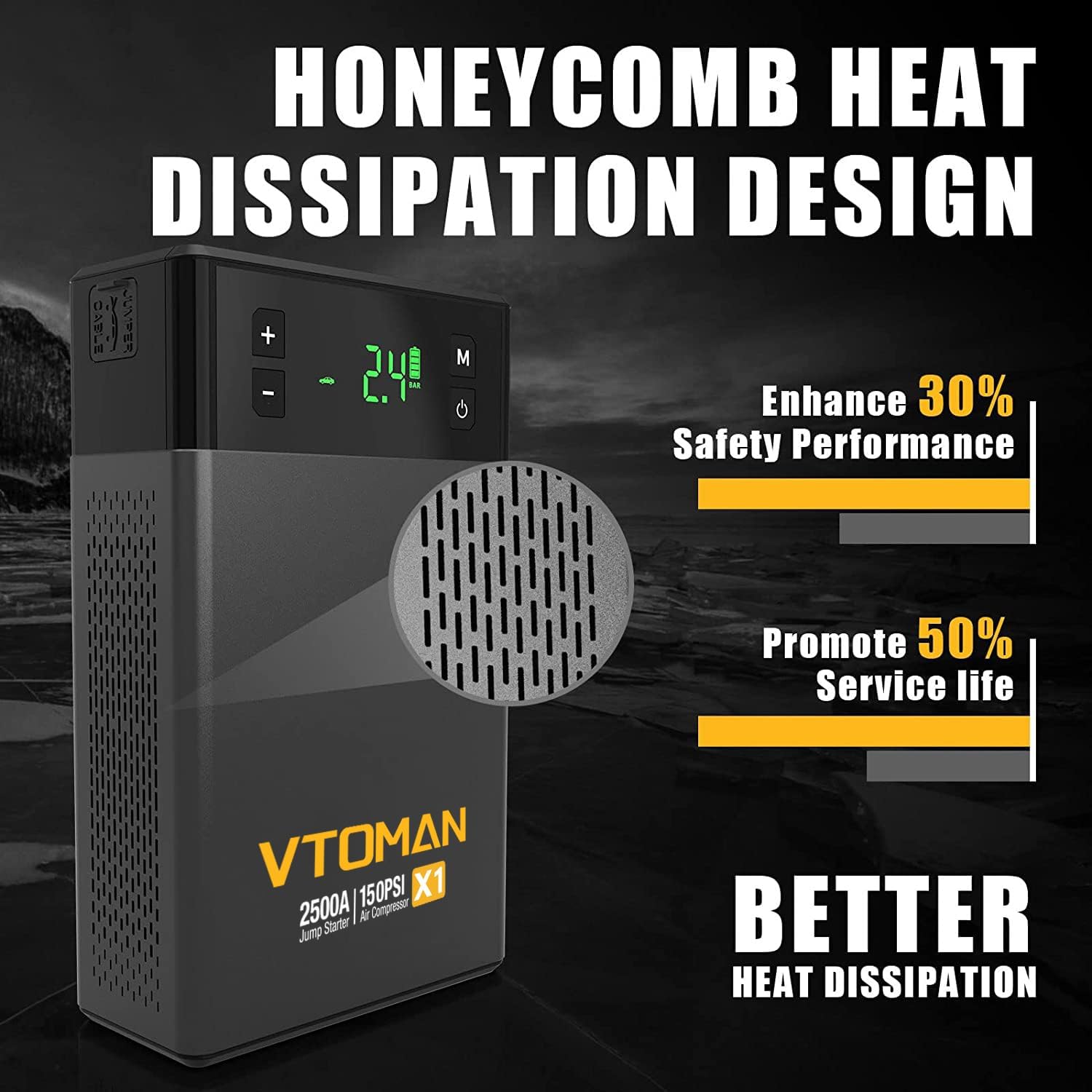 VTOMAN X1 Jump Starter Power pack with Air Compressor 2500A, Portable Car Battery Booster Jump Starter (Up to 8.5L Gas/6.0L Diesel Engines) Jump Pack with 150PSI Digital Tire Inflator