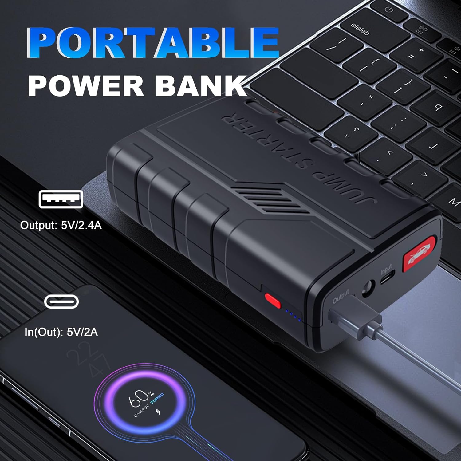 Jump Starter Power Pack, 1500A Car Battery Booster Jump Start er for 12V Vehicle, Car Jump Starter Power Bank with LED, and Jump Leads for Up to 7.0L Gas and 5.5L Diesel Engines