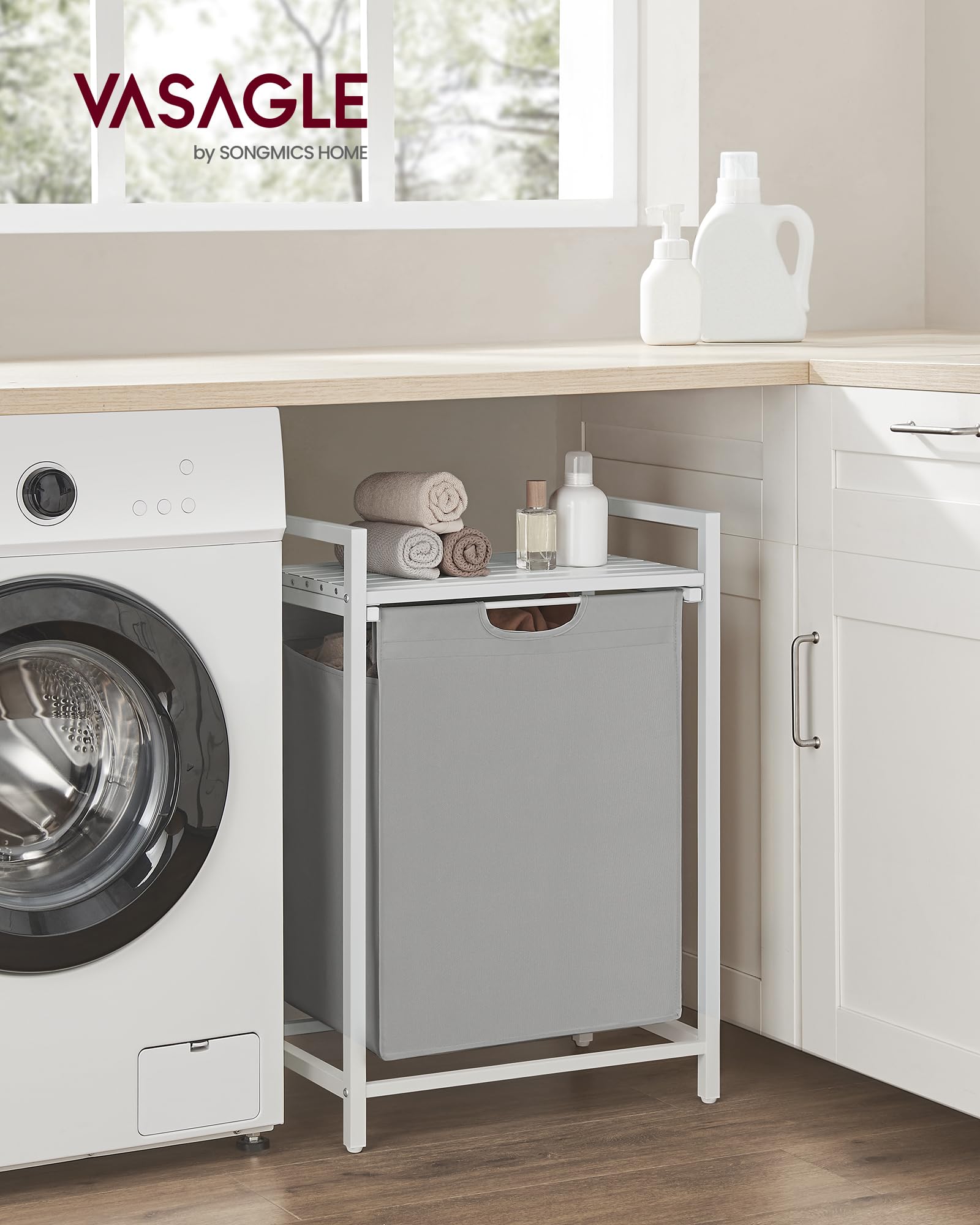 VASAGLE Laundry Basket, Laundry Hamper, Pull-Out and Removable Liner Bag, Shelf, Metal Frame, 65 L, 50 x 33 x 72 cm, Ink Black and Rustic Brown BLH101B01