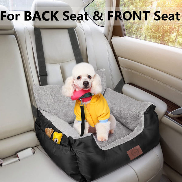 GoFirst Dog Car Seat for Small Dogs or Cats, Pet Booster Seat Travel Car Bed with Storage Pocket and Clip-On Safety Leash, Waterproof Warm Plush Dog Car Safety Seats,Black