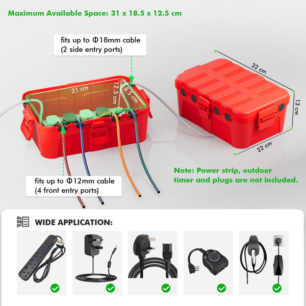 RESTMO Extra Large Waterproof Electrical Box, IP54 Weatherproof Outdoor Outlet Cover, Protect Outlet, Plug, Timer, Power Strip (Not Included), Holiday Light Decoration, 32 x 22 x 13 cm, Black