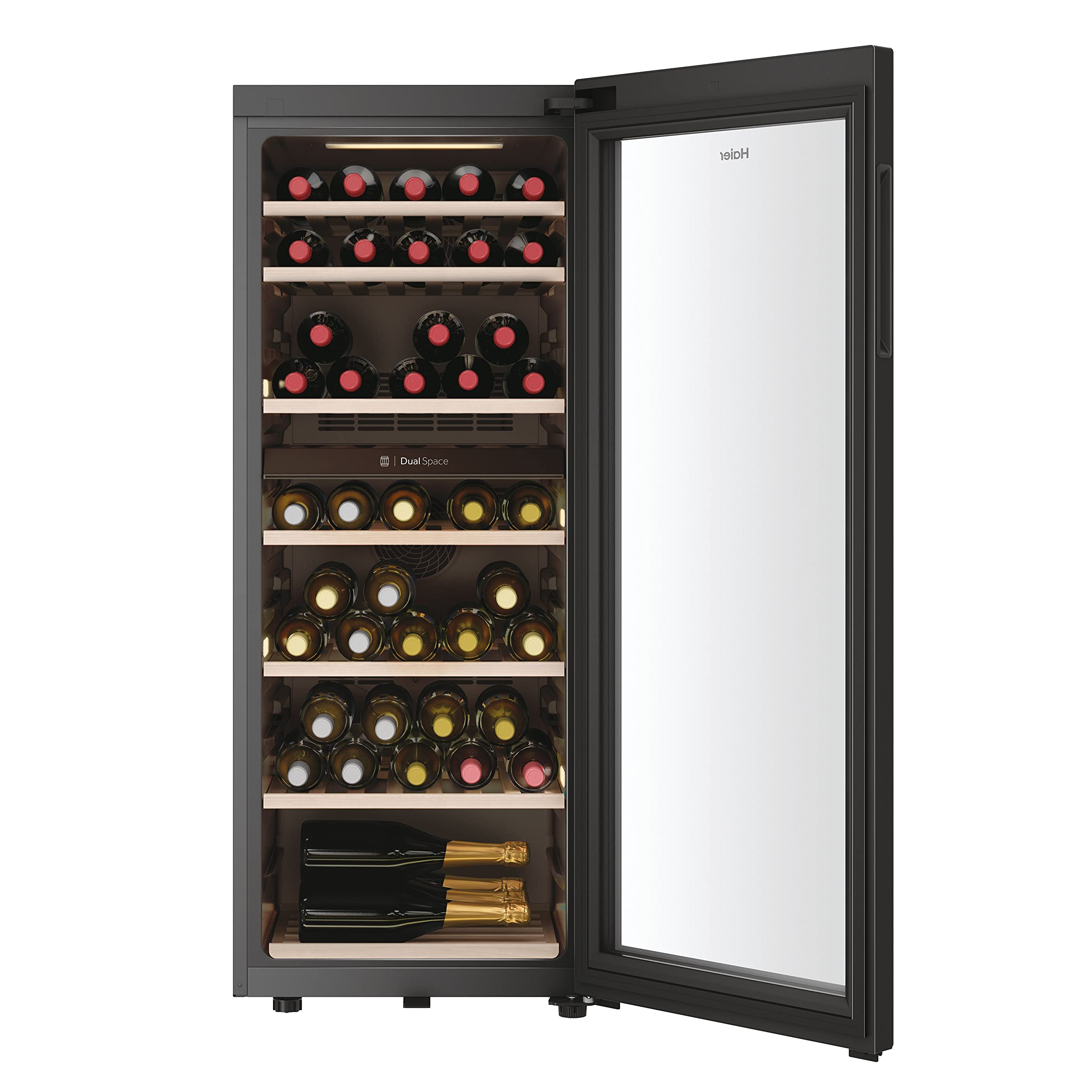 Haier Wine Bank 50 Series 5 Freestanding Wine Cooler, 49 Bottles, Single Zone Temperature, Anti-UV Glass Door, Low Vibration Design, LED Light, hOn App, F Class, Black, 49.7x58.5x82 cm - HWS49GA