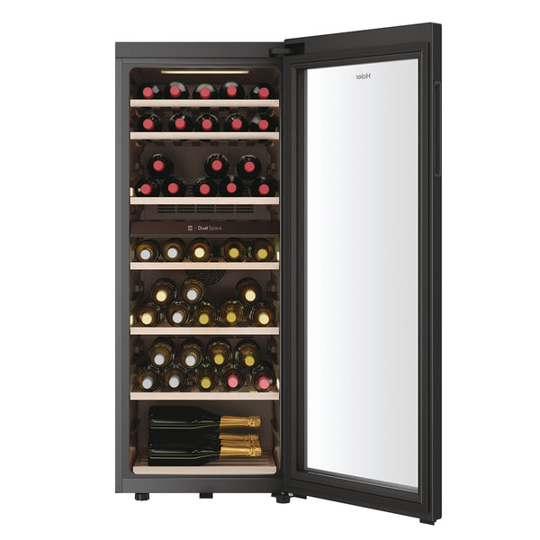 Haier Wine Bank 50 Series 5 Freestanding Wine Cooler, 49 Bottles, Single Zone Temperature, Anti-UV Glass Door, Low Vibration Design, LED Light, hOn App, F Class, Black, 49.7x58.5x82 cm - HWS49GA