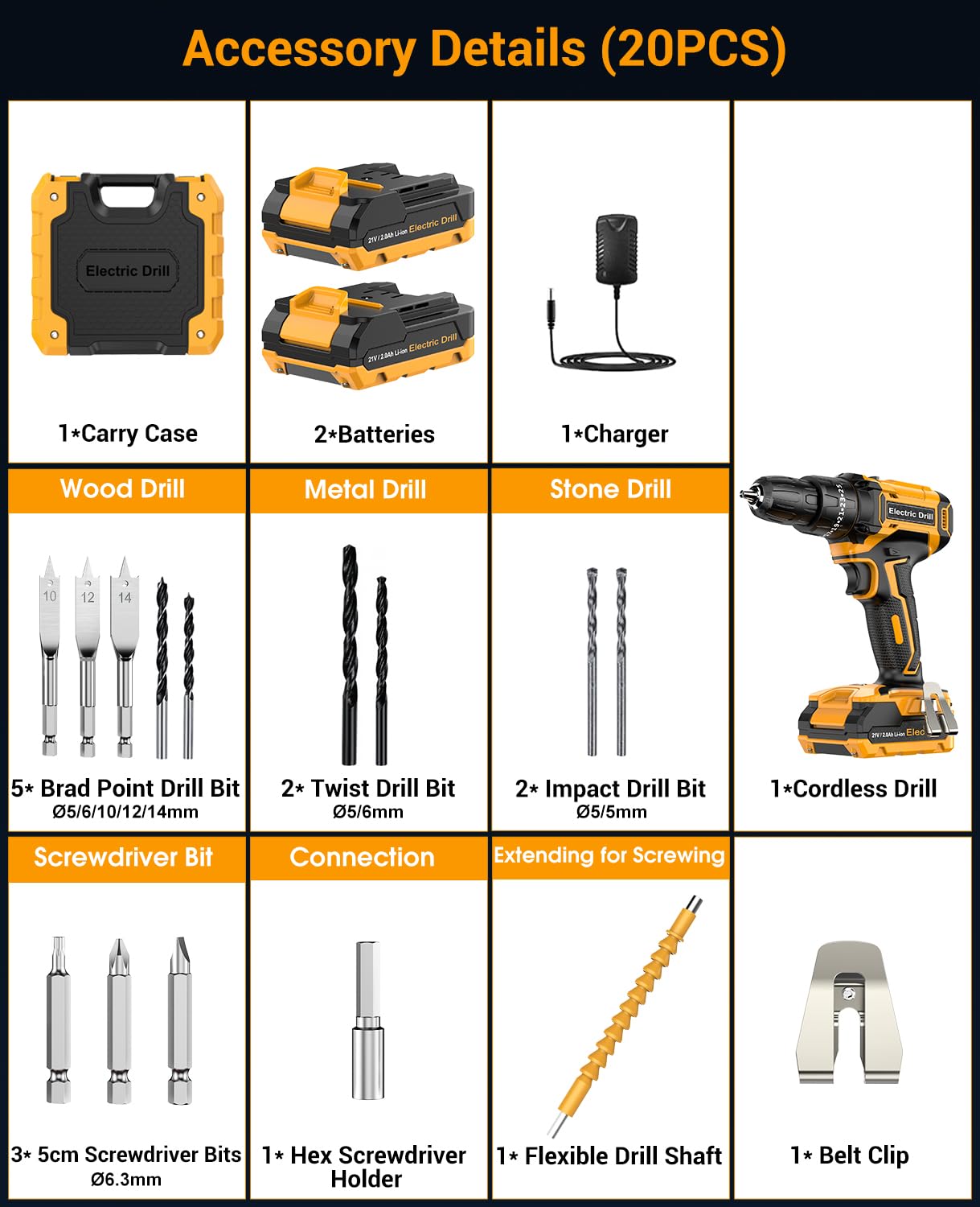 DYJPOW Brushless Cordless Hammer Drill Driver 21V, 2 Batteries 2000mAh, 20+3 Torque, 45N.m Max, 14PCS Drill Bits, 2 Speed, LED Light for Home, Garden DIY