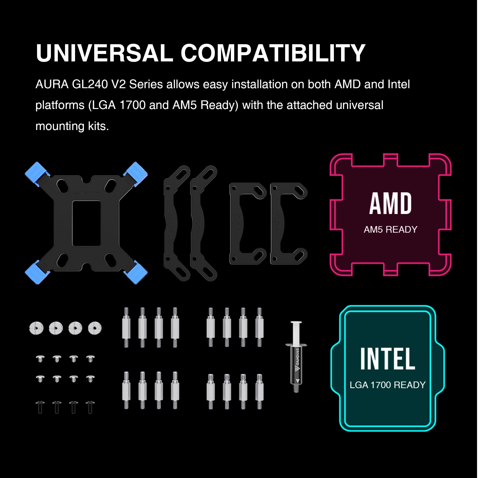 GAMDIAS AURA GL240 V2 AIO, 240mm CPU Liquid Cooler, Easy Cable Routing Design, Rotatable Performance Pump, 2 x 120mm Low-Noise PWM ARGB Fan w/ MB Sync, AMD AM5/AM4；Intel LGA 1851/1700/115x/1200, White