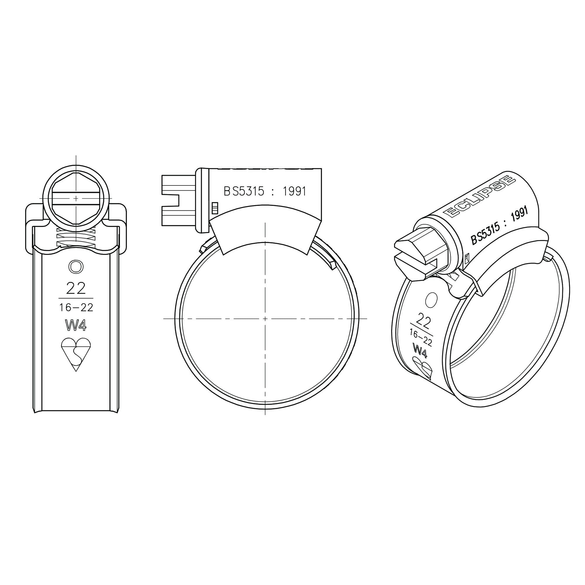 Eclipse Professional Tools ECW1-2A W1 Box of 10 35-50mm (1 ⅜" - 1 ¾") Mild Steel Worm Gear Hose Clamps