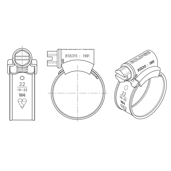 Eclipse Professional Tools ECW1-2A W1 Box of 10 35-50mm (1 ⅜" - 1 ¾") Mild Steel Worm Gear Hose Clamps