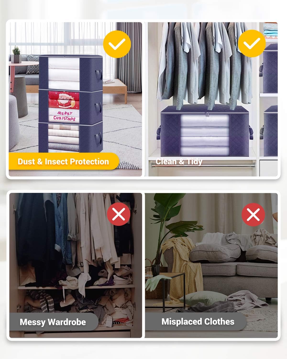 KALAHOL 90L Large Capacity Clothes Storage Bags with Zips, Storage Boxes with Lids, Reinforced Handle, Foldable, Thick Fabric, for Comforters, Clothes, Blankets, Bedding, 4 Pack, Dark Grey