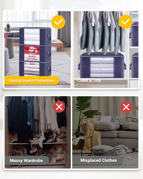 KALAHOL 90L Large Capacity Clothes Storage Bags with Zips, Storage Boxes with Lids, Reinforced Handle, Foldable, Thick Fabric, for Comforters, Clothes, Blankets, Bedding, 4 Pack, Dark Grey