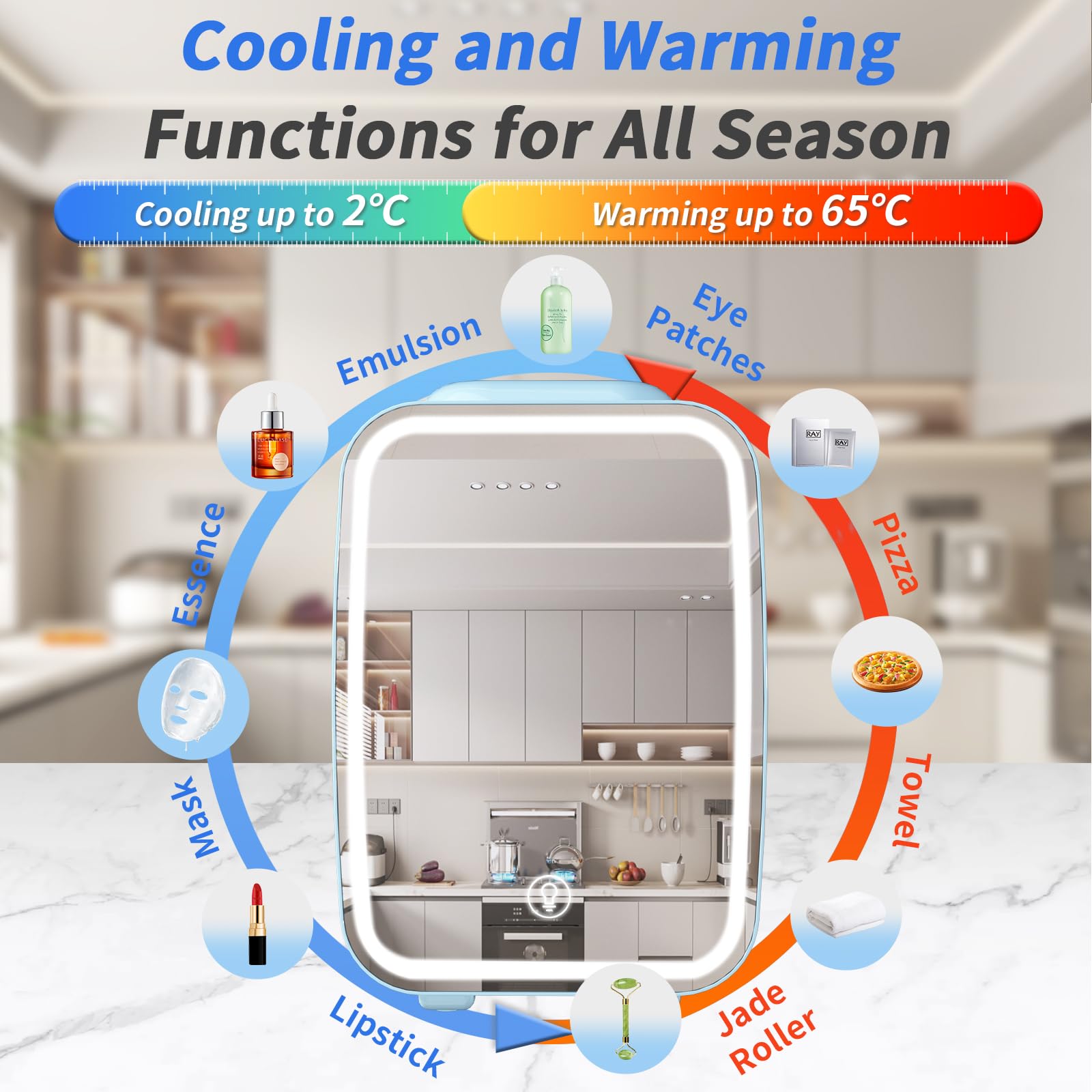 YASHE Mini Fridge for Bedroom, Skincare Fridge with LED Light Mirror, 4L Small Fridge Portable,220V AC/ 12V DC Thermoelectric Warmer & Cooler for Car Office Dorm(Blue)