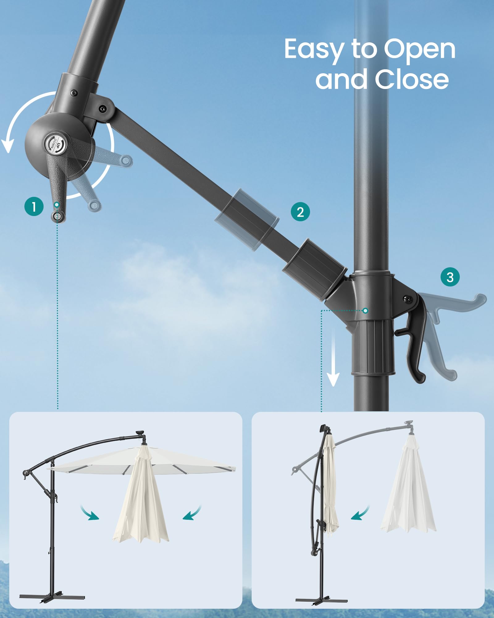 SONGMICS Cantilever Garden Parasol with Solar-Powered LED Lights, 3 m Banana Patio Umbrella with Base, Crank for Opening Closing, Sunshade with Protection UPF 50+, Beige GPU118M01
