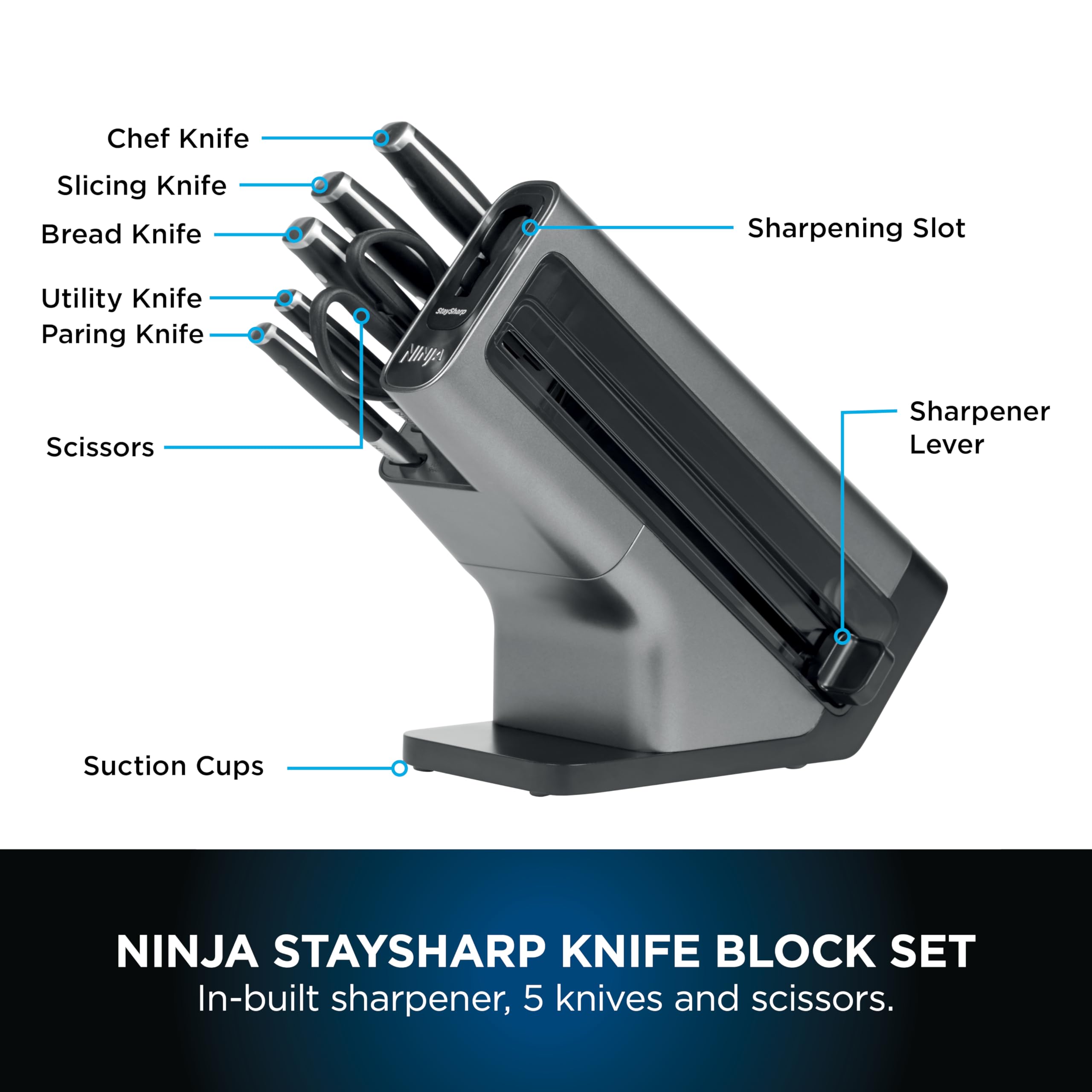 Ninja Foodi StaySharp Knife Block with Integrated Sharpener, 5-Piece Knife Set includes Chef, Bread, Slicing, Utility, Paring Knives, Stainless Steel K32005UK, Black