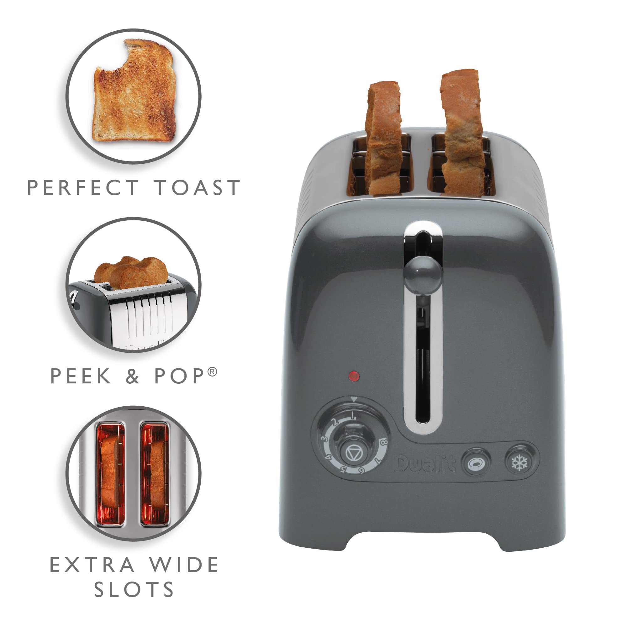 Dualit 2 Slice Lite Toaster | 1.1kW Toasts 60 Slices an Hour | Polished with High Gloss Grey Trim | Bagel & Defrost Settings | 36 mm Wide Slots |