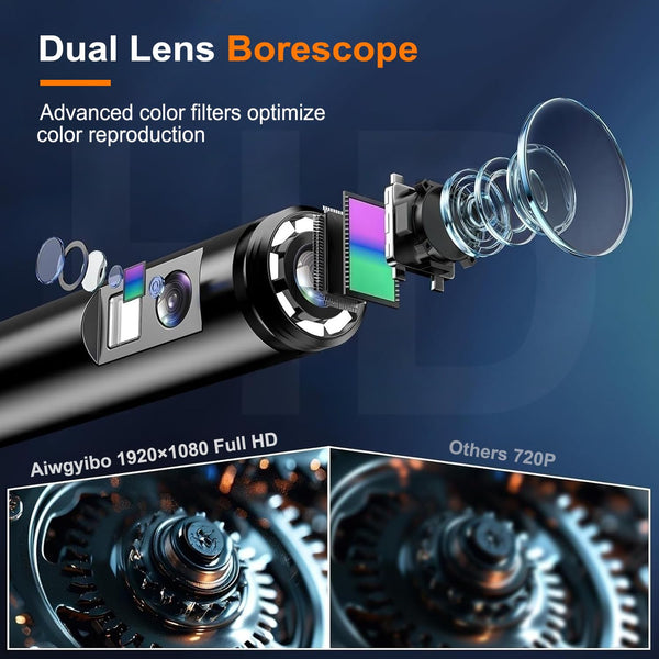 Dual Lens Endoscope Inspection Camera, 1080p HD Endoscope Semi-Rigid Inspection Camera with 8+1 Adjustable LED Lights, 7.9mm IP67 Waterproof Probe Drain Camera for Android and iOS (16.5 ft / 5 m)