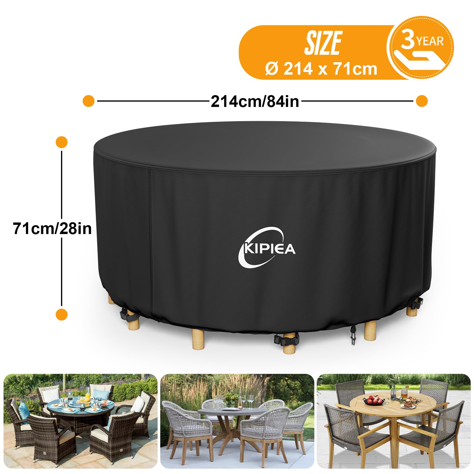 Kipiea Garden Furniture Covers Waterproof Round, Garden Table Covers with 4 Windproof Buckles, Heavy Duty 420D Oxford Fabric Outdoor Table Cover