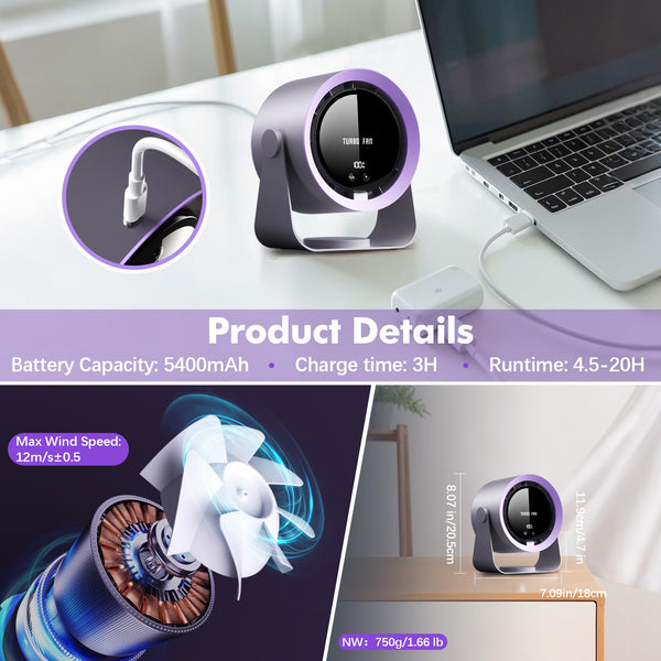 yokye Desk Fan, USB Desktop Fan with LED Display & Long Battery Life, 100 Speeds, 90° Adjustable Head Tilt, 3-in-1 Powerful Table Fan for Bedroom, Kitchen, Office, Home,Camping (Dark Gray)