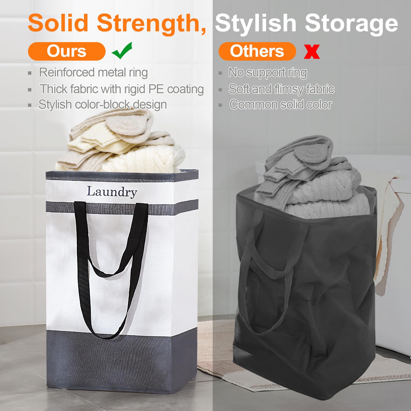 ROSOS Collapsible Foldable Hamper - Extended Double Handle, 80 L Laundry Basket for Bedroom Bathroom Dorm Storage - 1 Pack, Black