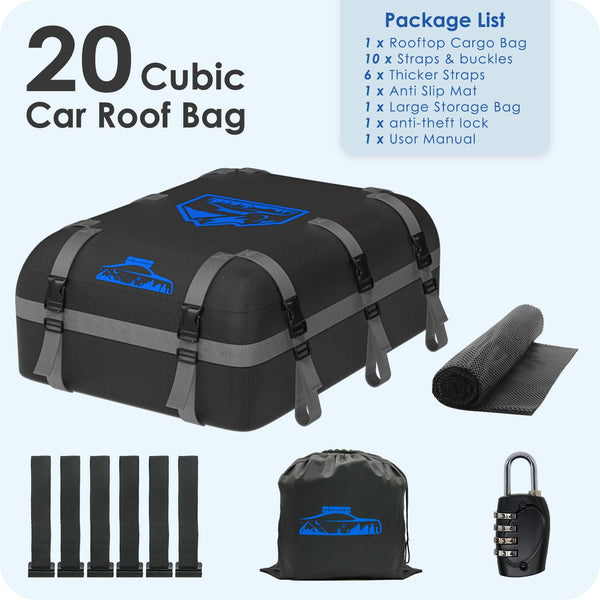 Rymopuey Roof Bag 15 Cubic/425 L, Waterproof Car Roof Bag No Rack Needed, Roof Box with Anti-Slip Mat and 6 Heavy-Duty Straps, Folding Soft Car Roof Box for Cars with/Without Rack (Blue 425 L)