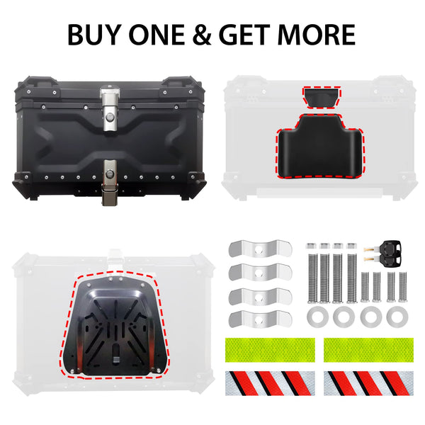 VOKKA Motorcycle Top Box, 65L Aluminium Alloy Waterproof Dustproof and Anti-Theft, Luggage Box for Storage Helmet, Motorbike Top Case with Backrest and Baseplate (Silver)