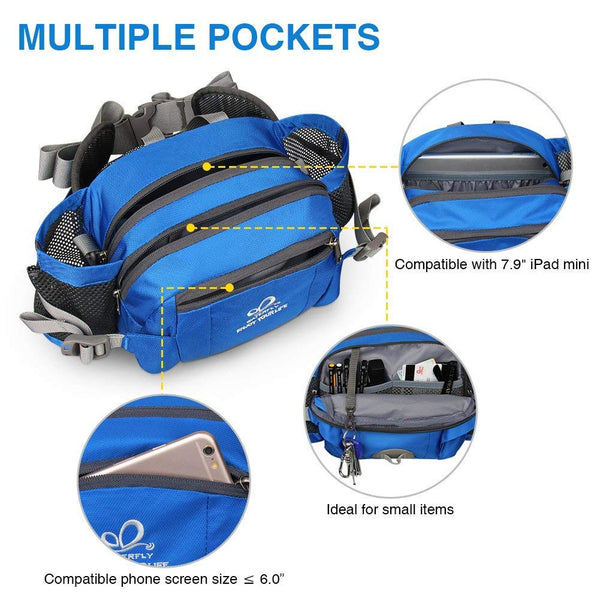 Waterfly Hiking Waist Pack Bum Bag Waist Bag with Bottle Holder Running Bag for Camping Climbing Travel Cycling and Dog Walking