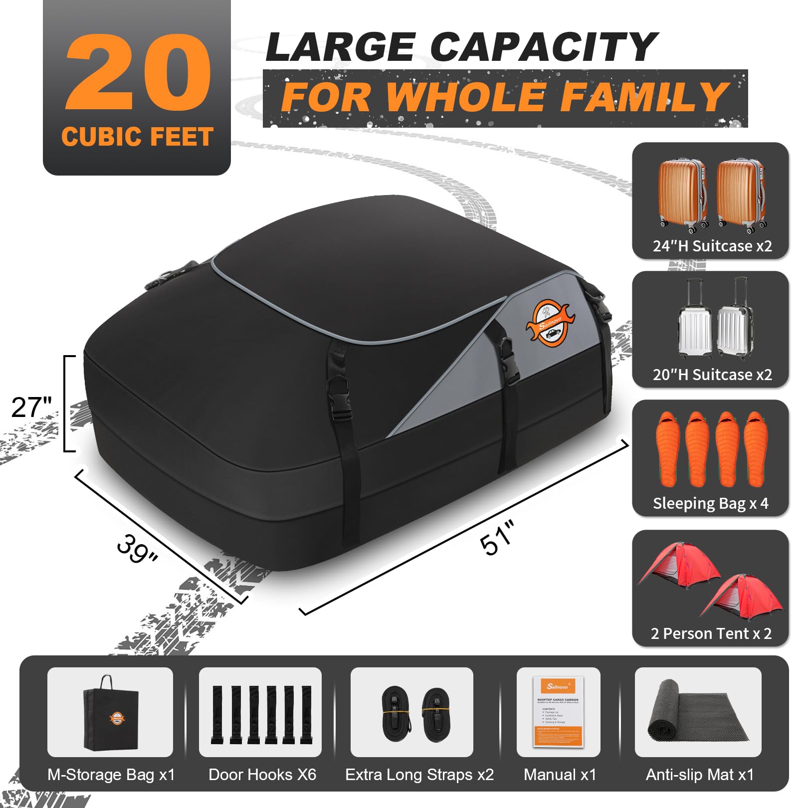 Sailnovo Roof Box Roof Bag 580L/20 Cubic Waterproof Car Roof Bag with 6 Door hooks, Soft-Shell Large Roof Cargo Carrier Bags for Cars without/with Roof Bars/Rack/Rails, Black