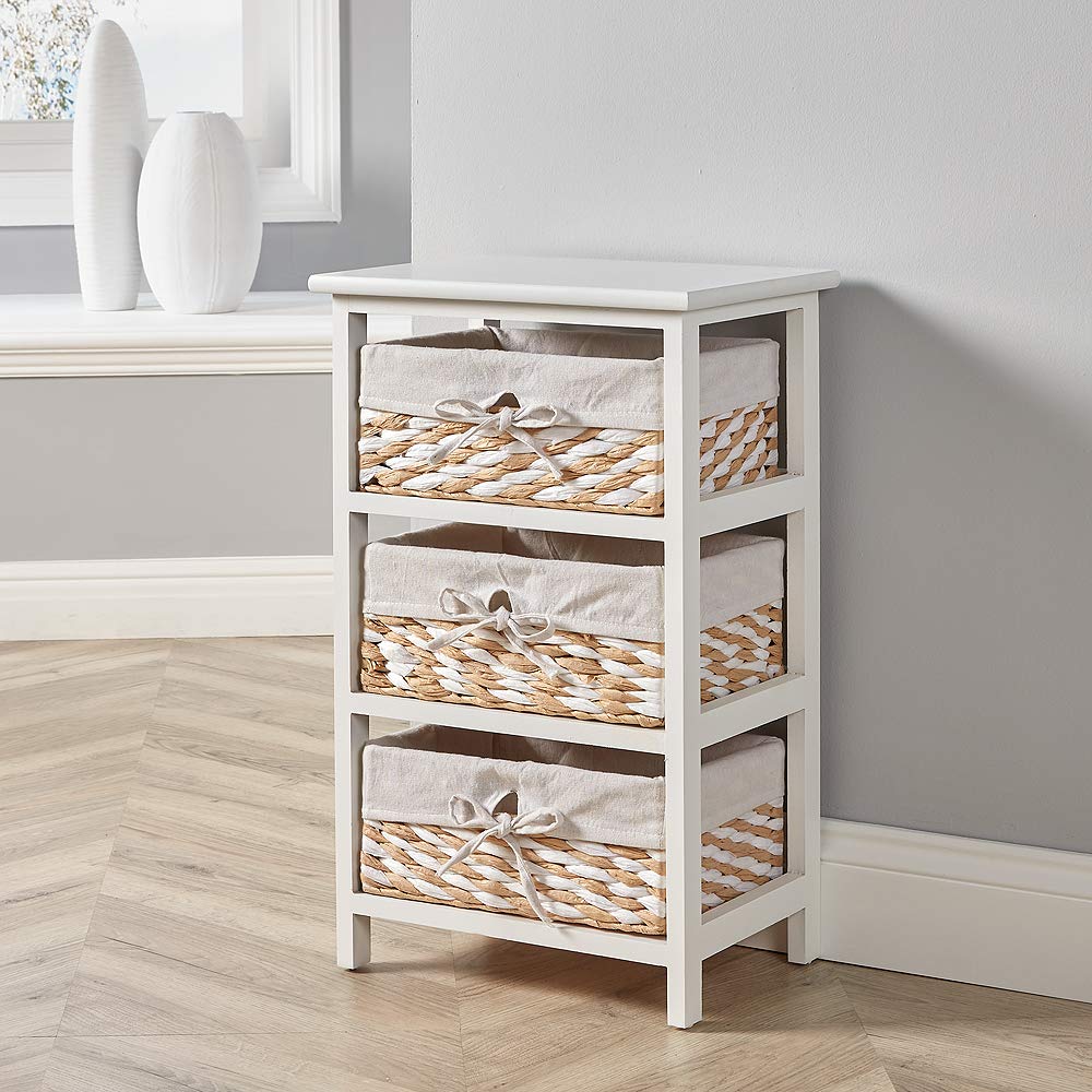 Home Source Storage Chest, Wooden Bedroom Hallway Cabinet, 3 Wicker Basket Drawers, White