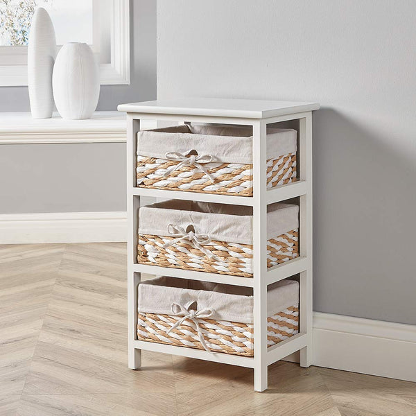 Home Source Storage Chest, Wooden Bedroom Hallway Cabinet, 3 Wicker Basket Drawers, White