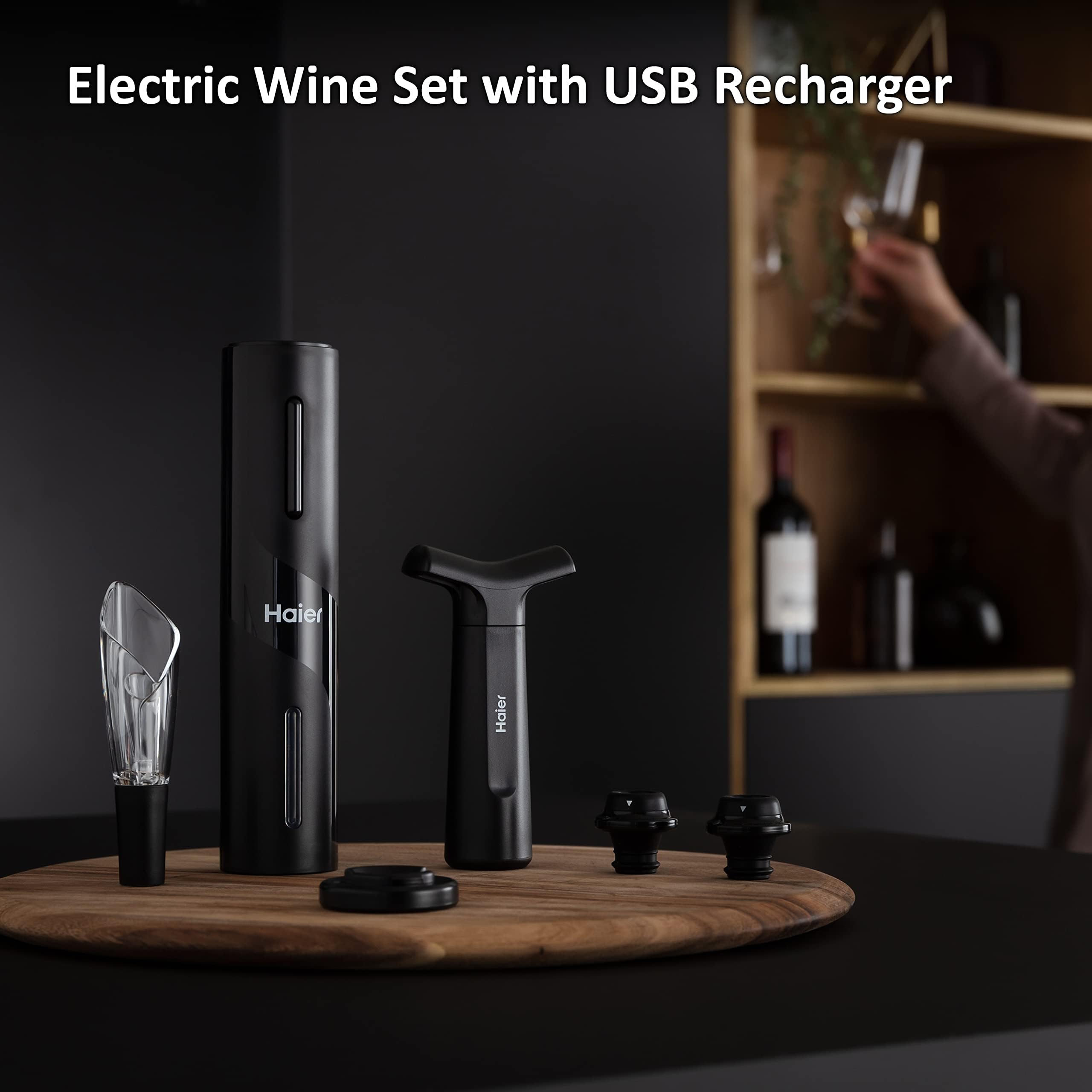 Haier 6-In-1 Electric Wine Bottle Opener Kit - Includes USB Rechargeable Bottle Opener - Tulip Wine Aerator Pourer - Foil Cutter - Vacuum Pump - 2