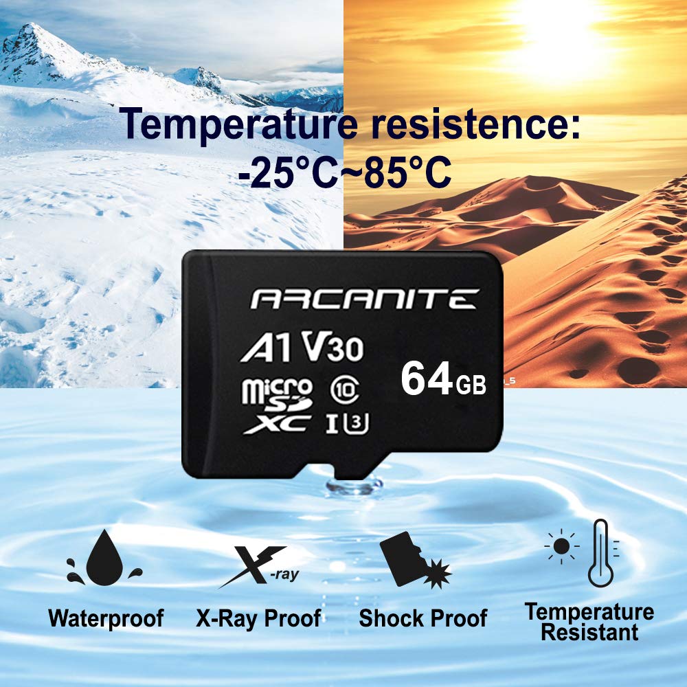 ARCANITE 64GB microSDXC Memory Card with Adapter - A1, UHS-I U3, V30, 4K, C10, Micro SD, Optimal read speeds up to 90 MB/s