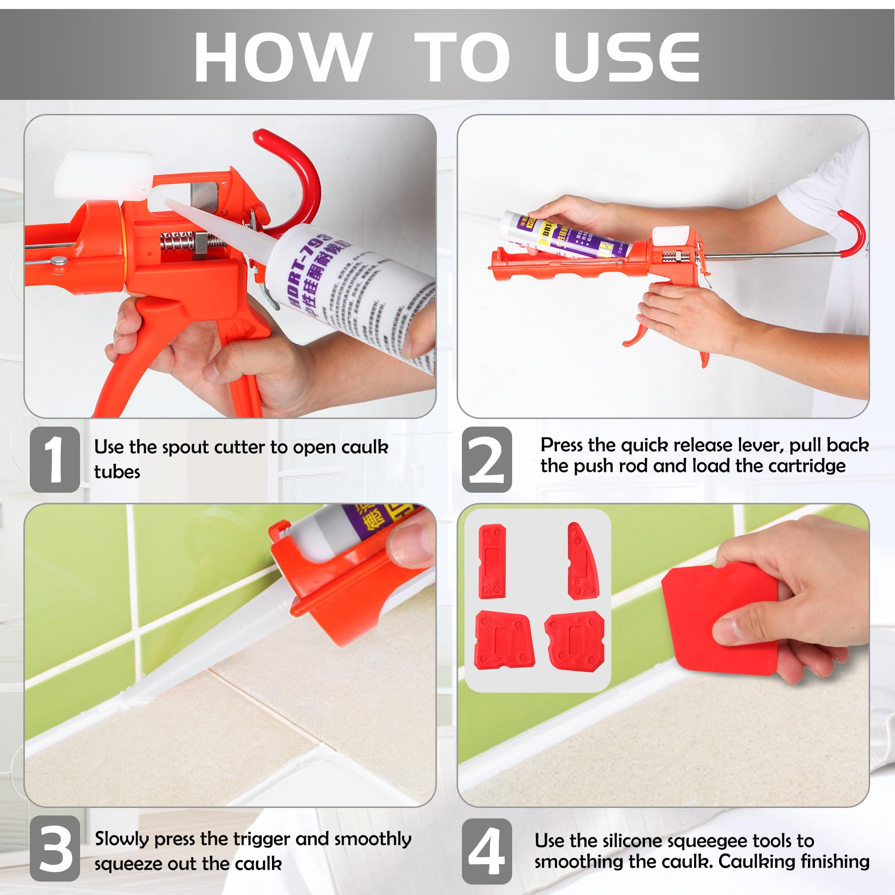 iLitLuk Drip-Free Caulking Gun Ratchet Rod Caulk Gun Applicator 15:1 Thrust Ratio Labor-Saving Lightweight Nylon Frame Cartridge Gun for 10oz/300ml Standard Caulk Tubes with Silicone Finishing Tools