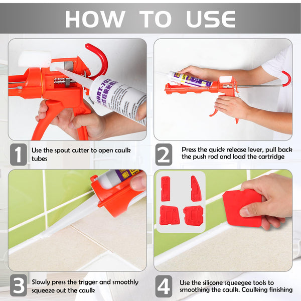 iLitLuk Drip-Free Caulking Gun Ratchet Rod Caulk Gun Applicator 15:1 Thrust Ratio Labor-Saving Lightweight Nylon Frame Cartridge Gun for 10oz/300ml Standard Caulk Tubes with Silicone Finishing Tools