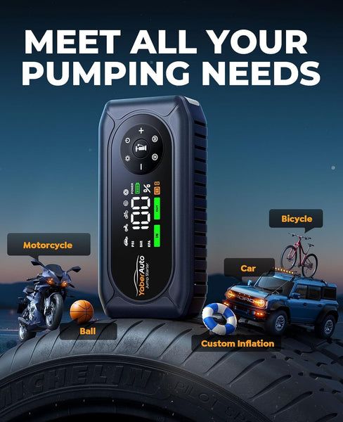 9-in-1Jump Starter Power Pack 4500A with 150PSI Air Compressor, YaberAuto Car Battery Booster Jump Starter for 9L Gas/8L Diesel, Car Starter Power Bank with Jump leads, Gloves, Lights