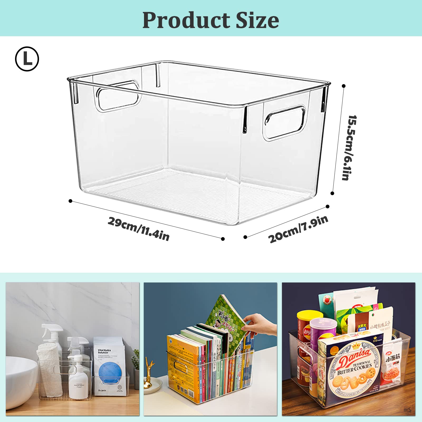 HPYLIFH Fridge Organiser with Handles, 4 Pack Clear Pantry Organizer Bins, Food Storage Basket for Kitchen, Countertops, Cabinets, Refrigerator,