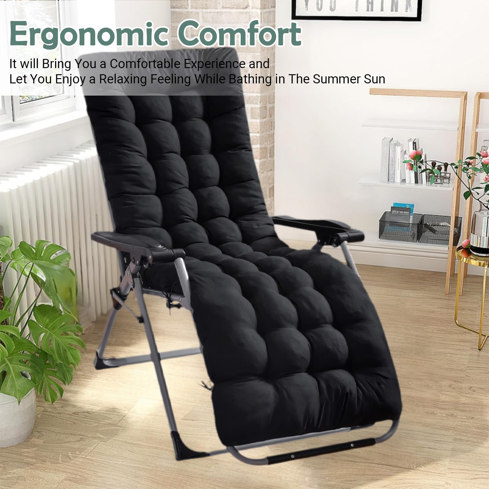 High Back Sun Lounger Replacement Cushion: 170x53 cm Padded Soft Non Slip Ties Outdoor Indoor Use for Reclining Garden Chair Patio Beach Porch Furniture