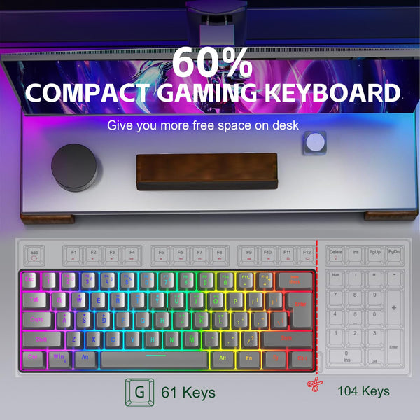 Snpurdiri 60% Wired Mechanical Gaming Keyboard, Mini 61-Key With Red Switches for PC, Windows XP, Win 7, Win 10 (Black-Red)