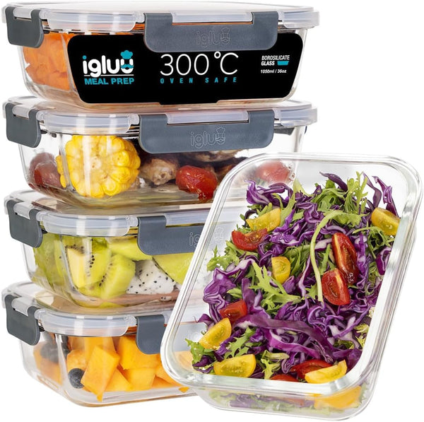 Igluu Meal Prep Glass Containers with Lids (5 pack) - Reusable Meal Prep Containers Microwave, Oven, Freezer & Dishwasher Safe - Leakproof Food