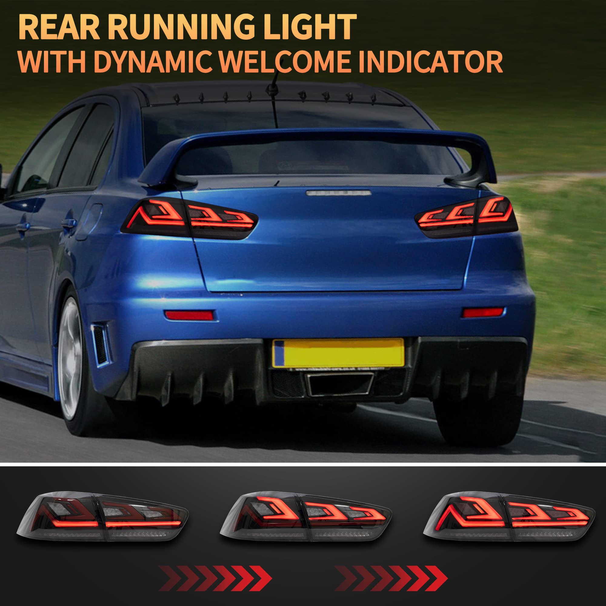 LED Rear Lights compatible with Lancer & EVO X 2008-2020 (Not Fit fortis/io), w/Amber Sequential indicator, Driver & Passenger Side - Red